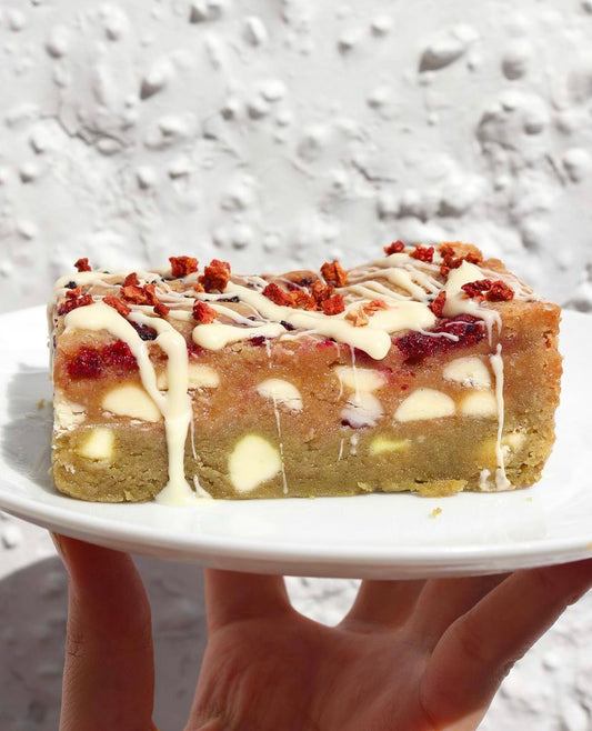 Raspberry, matcha and white chocolate blookie