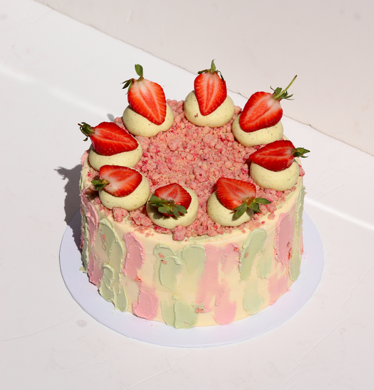 Pistachio, Strawberry and White Chocolate Crunch Cake